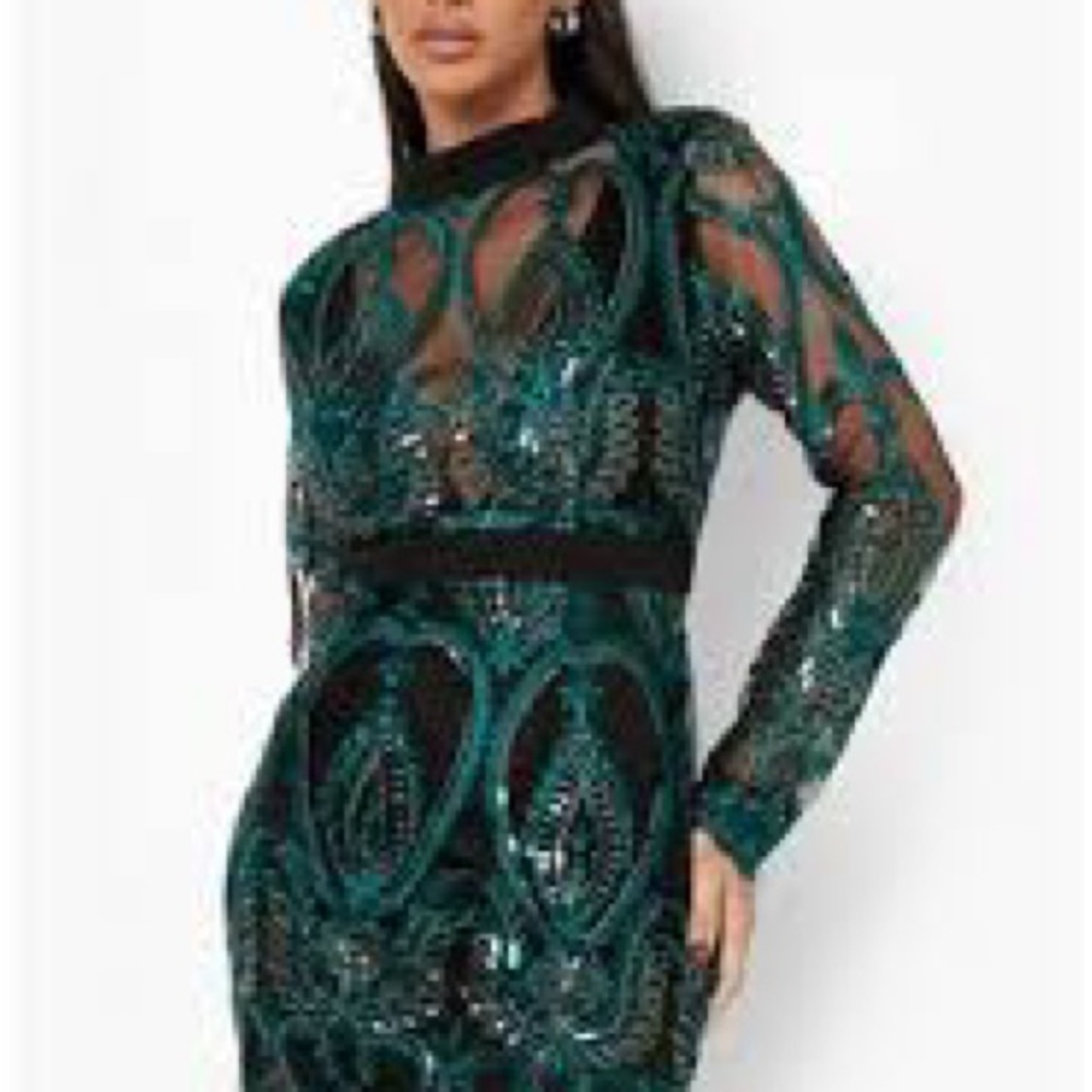 Boohoo  Be You Women’s Peacock Sequin Mesh Teal and Black Midi Dress Size 14